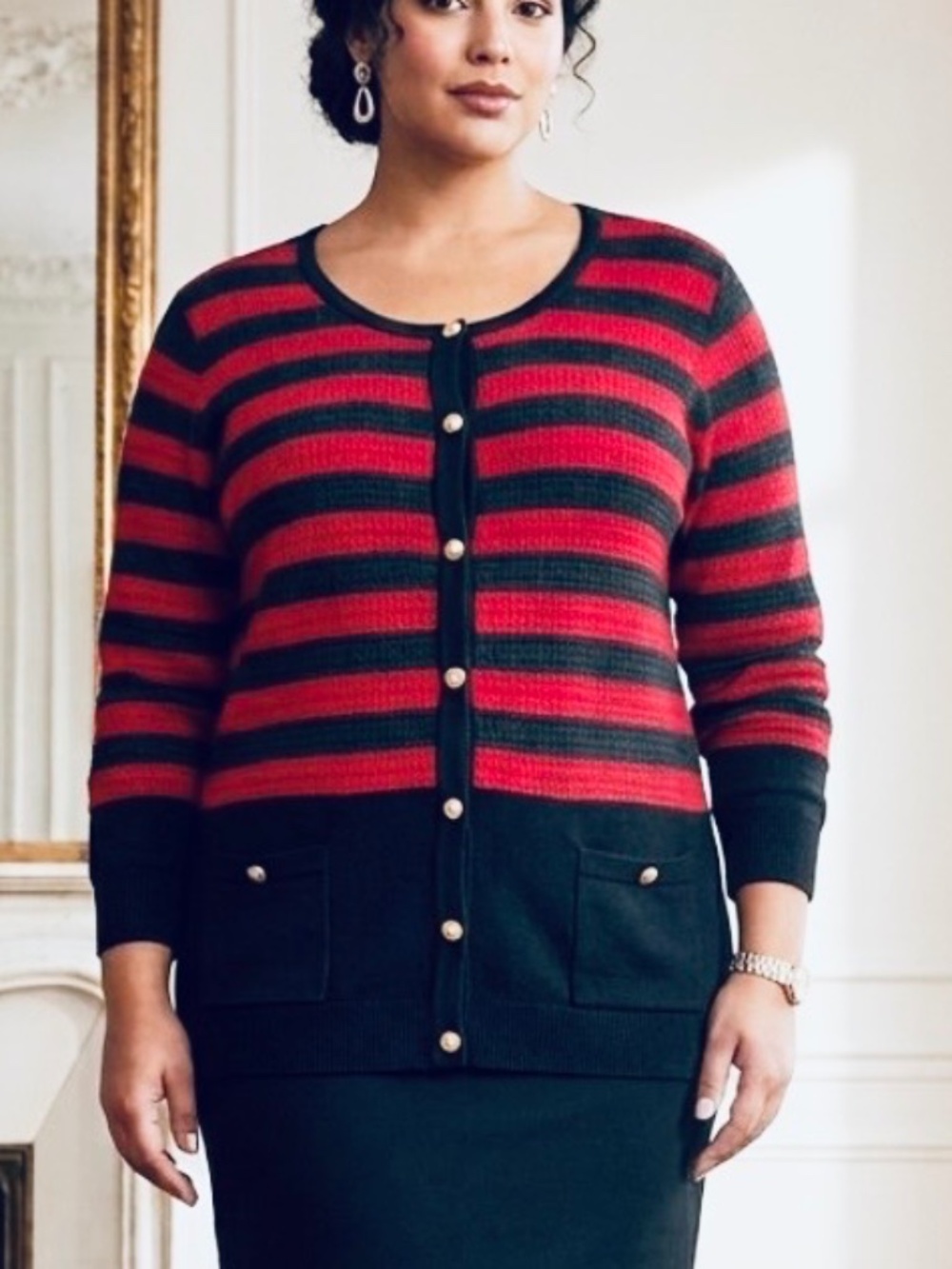 Brian Bailey Striped Gold Button Knit Cardigan Sweater Red Black XXL